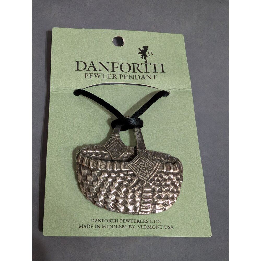 Danforth Pewter Basket Pendant 2x2 in Made in USA Vintage 1990 on Cord